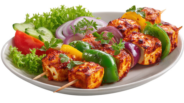 ibrant colors and appetizing presentation. Pe (2).png, Delicious plate of grilled paneer tikka with colorful vegetables, showcasing vibrant colors and appetizing presentation
