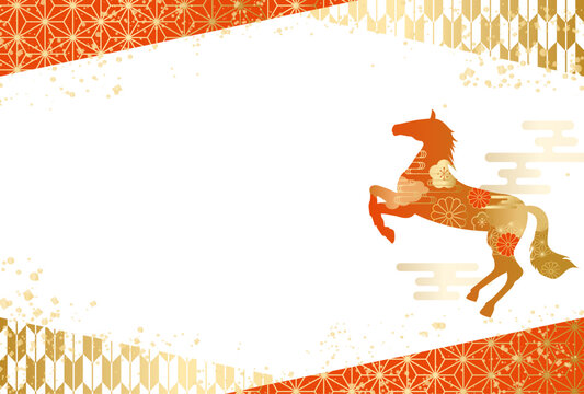 2026年　午年の年賀状　和柄　花柄