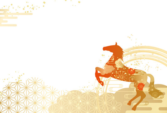 2026年　午年の年賀状　和柄　金色