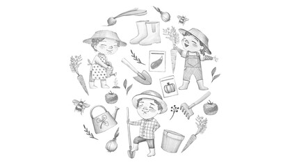 Fototapeta premium Garden tools, vegetables, and bees arranged in a circular pencil composition