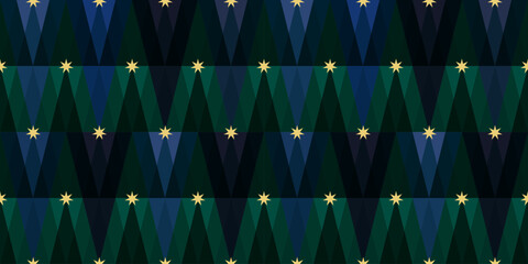 Christmas Tree Seamless Vector Pattern.  New Year Geometric Trees and Stars Concept for Wrapping paper, greeting card, poster, cover, header, card, decor.