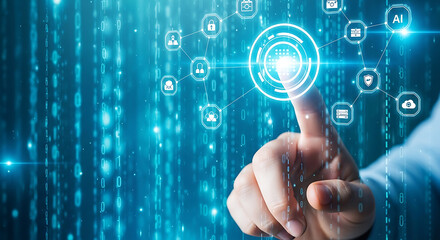 Finger touching digital interface with world map and data visualization