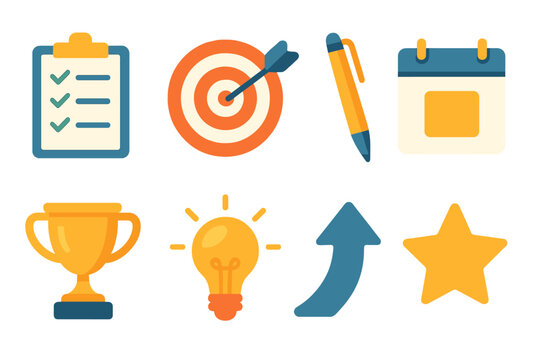 Vibrant Goal Icons. Goal Setting Pack flat icons: checklist clipboard, dartboard target, pen, calendar page, trophy, light bulb idea, arrow upward, star