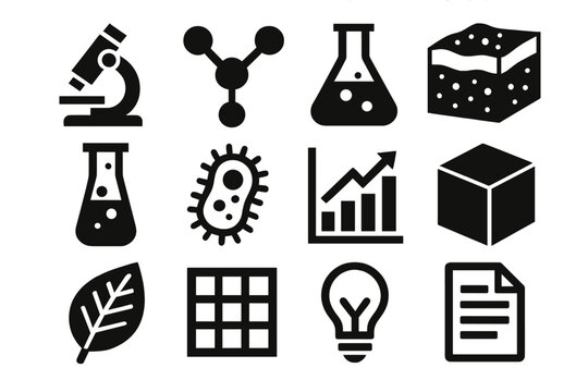 Soil Science Icons. Scientific Soil Health silhouette icon set: microscope, molecular model, lab flask, soil sample, test tube, bacteria cell, graph chart, 3D cube, leaf, data grid