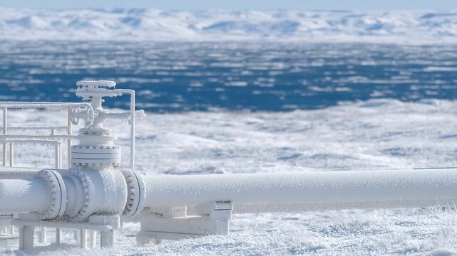 286Icy heat pipeline system in winter landscape, frost covering flanges and supports, industrial precision in snowy environment