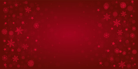 Christmas snow red background. Winter snowflakes subtle frame, greeting card, party event decoration. New Year Holidays gift coupon backdrop. Noel Vector illustration