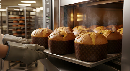 Golden panettones fresh from the oven — realistic artisan bakery moment.