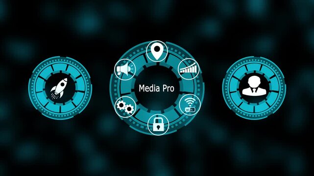 Media Pro &mdash; Futuristic Digital Interface with Smart Technology Network, Wi-Fi Connectivity, Cyber security System, and Modern Business Innovation Dashboard.