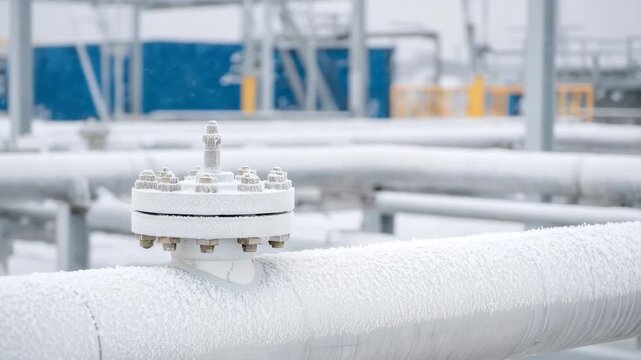 292Snow-covered network of energy pipelines, close-up on flanges and welds, winter frost enhancing textures