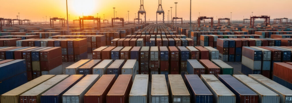 Rows of stacked shipping containers at a cargo port during sunrise or sunset, representing global trade and logistics industry. Banner with copy space