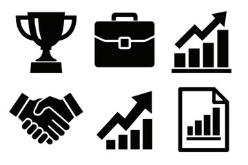 Brutalist Achievement Icons. Business achievement silhouette icon set: trophy, briefcase, bar chart, handshake, upward arrow, document chart.
