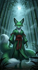 Naklejka premium Green fox wearing robe stands in bamboo forest under moonlight, representing fantasy, magic, and spirit, ideal for stories or mystical theme