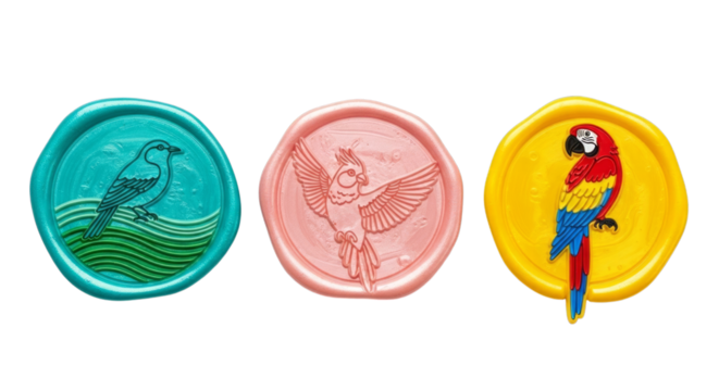 Wax seal stamps with bird designs collection for stationery on transparent background
