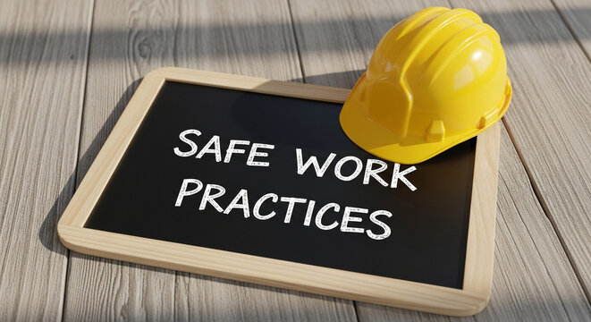 A yellow hard hat resting on a chalkboard with safe work practices written on it on a wooden surface