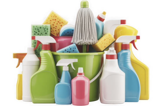 Diverse collection of cleaning tools and supplies for domestic hygiene isolated on transparent background