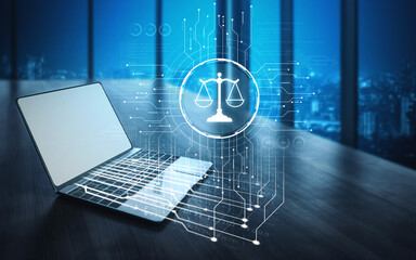 Futuristic digital law interface displaying justice scale, highlighting digital law, AI compliance,...