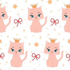 cute hand drawn cartoon character princess cat seamless vector pattern background illustration with yellow stars and red bow