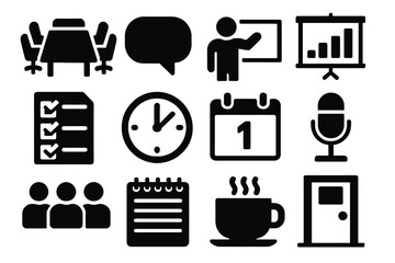 Brutalist Meeting Icons. Meeting Agenda silhouette icon set: conference table, speech bubble, presenter, projector screen, checklist, clock, calendar page, microphone, participants