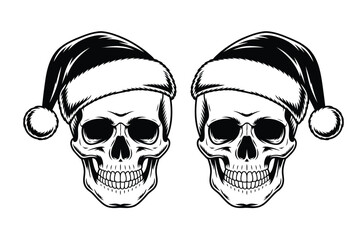 Two skulls wearing Santa hats symbolize a dark or gothic interpretation of the holiday season.