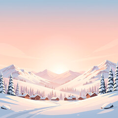 Flat illustration of a winter landscape with snow-capped mountains, evergreen trees and a small village at dawn.