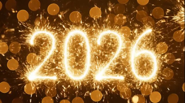 2026 written in golden sparkling light trails.text from sparklers.shining sparklers bokeh background.Festive glow with shimmering circles of light and flickering sparks.