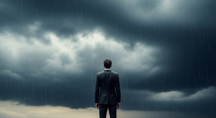 A man in a suit standing facing dark storm clouds in the sky with rain falling down around him
