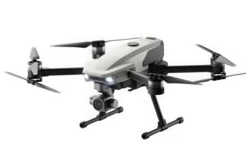 Modern white and grey professional quadcopter drone with camera isolated on transparent background