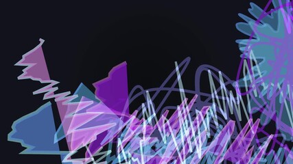 Abstract digital art with swirling purple and blue lines and geometric shapes on a dark background
