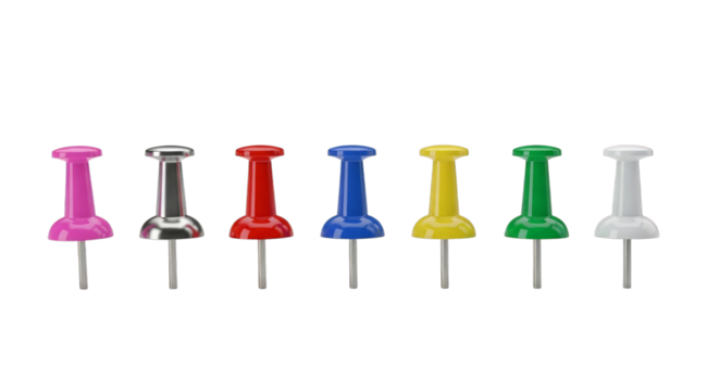 Colorful push pins stationery office supplies close up view on transparent background