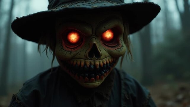 Extreme close-up of a terrifying scarecrow's face with glowing eyes.
