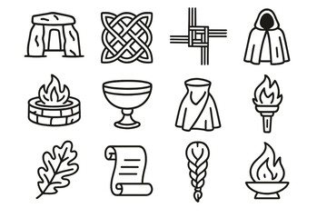 Celtic Symbolic Icons. Celtic Traditions linear icon set: stone circle, knot pattern, woven cross, fire pit, ritual cup, cloak, oak leaf, scroll, torch, horn cup, braided hair,