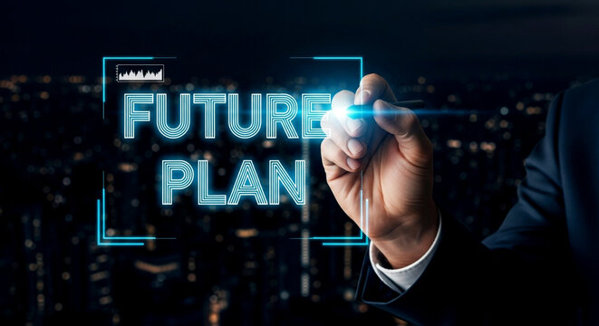 Craft your strategic future plan with this futuristic modern concept over a vibrant cityscape panorama