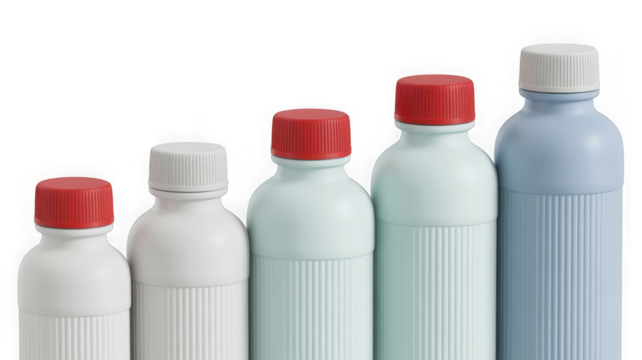 Minimalist product display: five plastic bottles, varying sizes isolated on transparent background