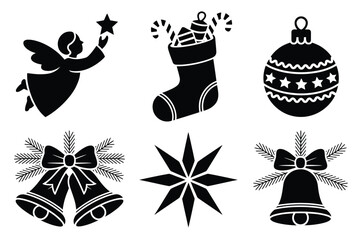 A collection of festive Christmas holiday icons including an angel holding a star, a stocking filled with gifts, a bauble, bells, and a starburst.