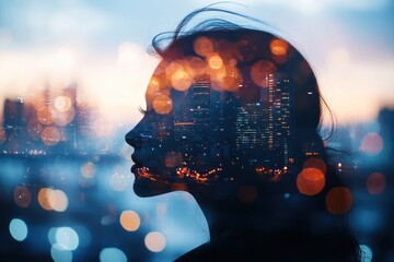 Silhouette of a woman with city lights overlay, creating a dreamy atmosphere.