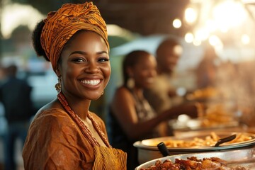 Smiling African woman serving food at outdoor event.