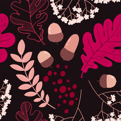 Seamless autumn pattern with oak leaves and acorns. Stylized botanical pattern with floral elements