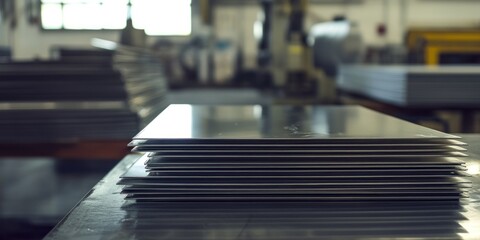 Stack of Metal Sheets in Industrial Setting with Blurred Background.