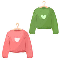 Sweater on a hanger. Green and coral sweater. Flat lay clothing, pullover