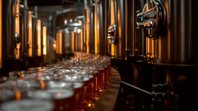 Row of Filled Beer Glasses on Conveyor Belt in Industrial Brewery with Steel Tanks