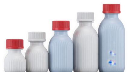 Collection of plastic bottles with ribbed design and red, white caps isolated on transparent background