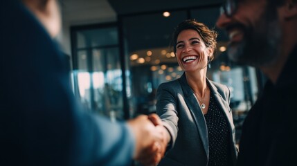 Businesspeople shaking hands with smiles agreement and deal concept