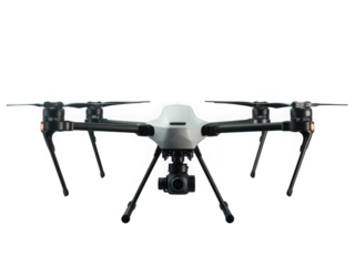 Modern professional quadcopter drone with an integrated camera isolated on transparent background