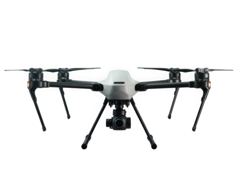Modern professional quadcopter drone with an integrated camera isolated on transparent background