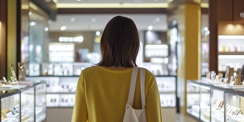 Woman browsing jewelry in a brightly lit store.