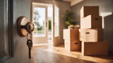 House door with keys moving boxes relocation entrance and sunlight