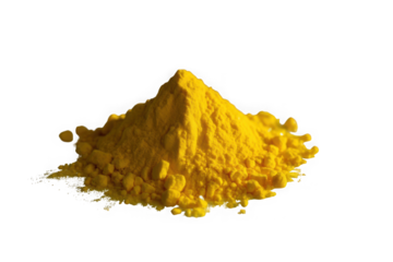 Vibrant yellow powder heap, fine pigment or spice mound texture. isolated on transparent background