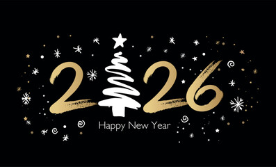 New Year 2026 card on black, postcard, hand drawn illustration.	
