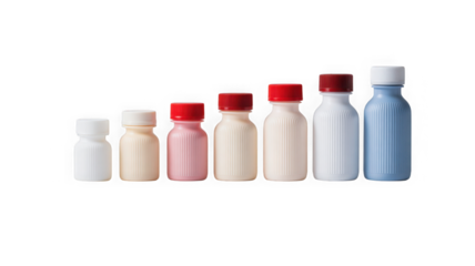 Row of colorful, ridged plastic bottles for health and care products isolated on transparent background