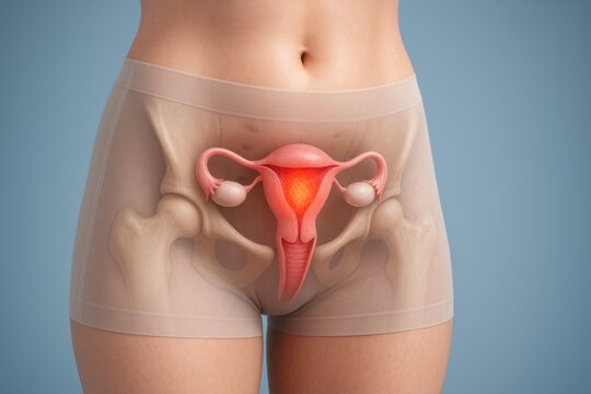 3D medical illustration showing female pelvis with transparent skin highlighting inflamed uterus affected by endometritis, realistic anatomy visualization for medical and clinical education purposes